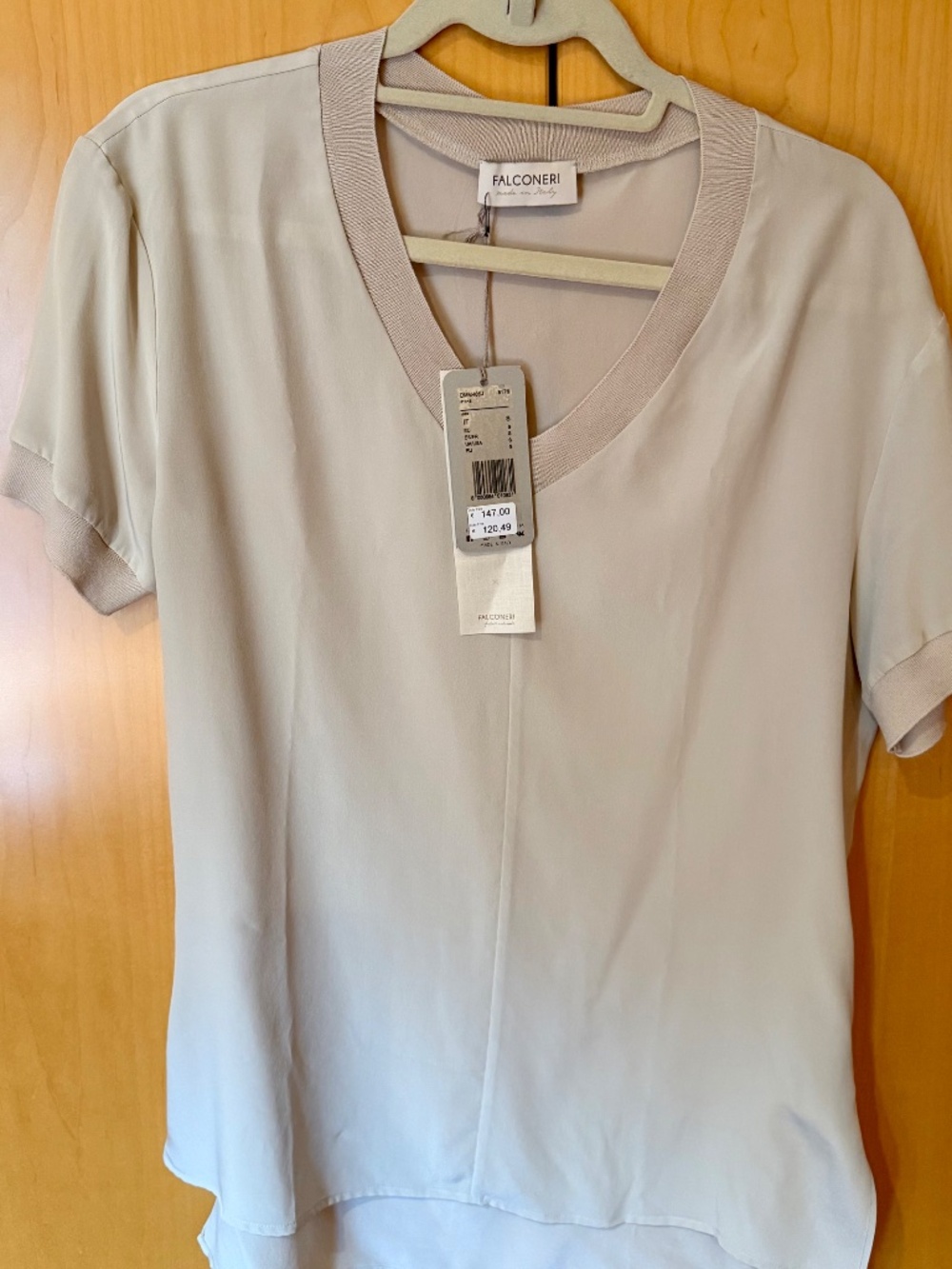 NWT Falconeri Designer Silk Beige (called "Stone")  V-Neck Top, Size S